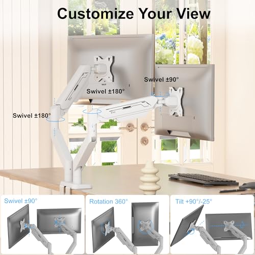 ETHU Dual Monitor Arm, Heavy Duty Monitor Desk Mount with Gas Spring, Full Adjustable VESA Monitor Mount for 17-38 inch Screens to 2-12KG, Dual Monitor Stand with Ergonomic Design, White