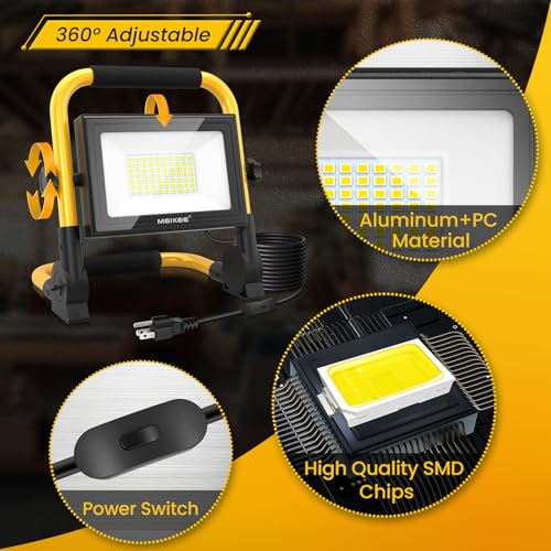 MEIKEE 60W LED Work Light, 5200LM High Bright Flood Lights, 5000K Natural White Light IP66 Waterproof Outdoor Portable Job Site Work Light with Stand for Workshop, Construction Site, Garage