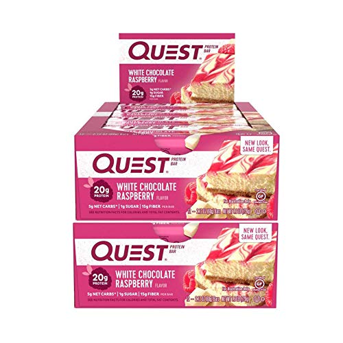 Quest Nutrition Protein Bar White Chocolate Raspberry. Low Carb Meal Replacement Bar w/ 20g+ Protein. High Fiber, Soy-Free, Gluten-Free (24 Count)