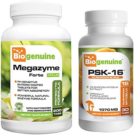 Megazyme Forte Plus 200 Tabs - Free PSK 16 Natural Mushroom Blend 1070 mg 30 Tabs - Digestion Digestive Enzymes