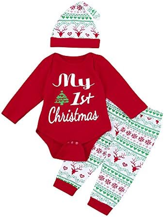 Christmas 3PCS Babys My First Christmas Bodysuit Romper With Snowflake Pant And Hat Outfits (0-6Months, Red)