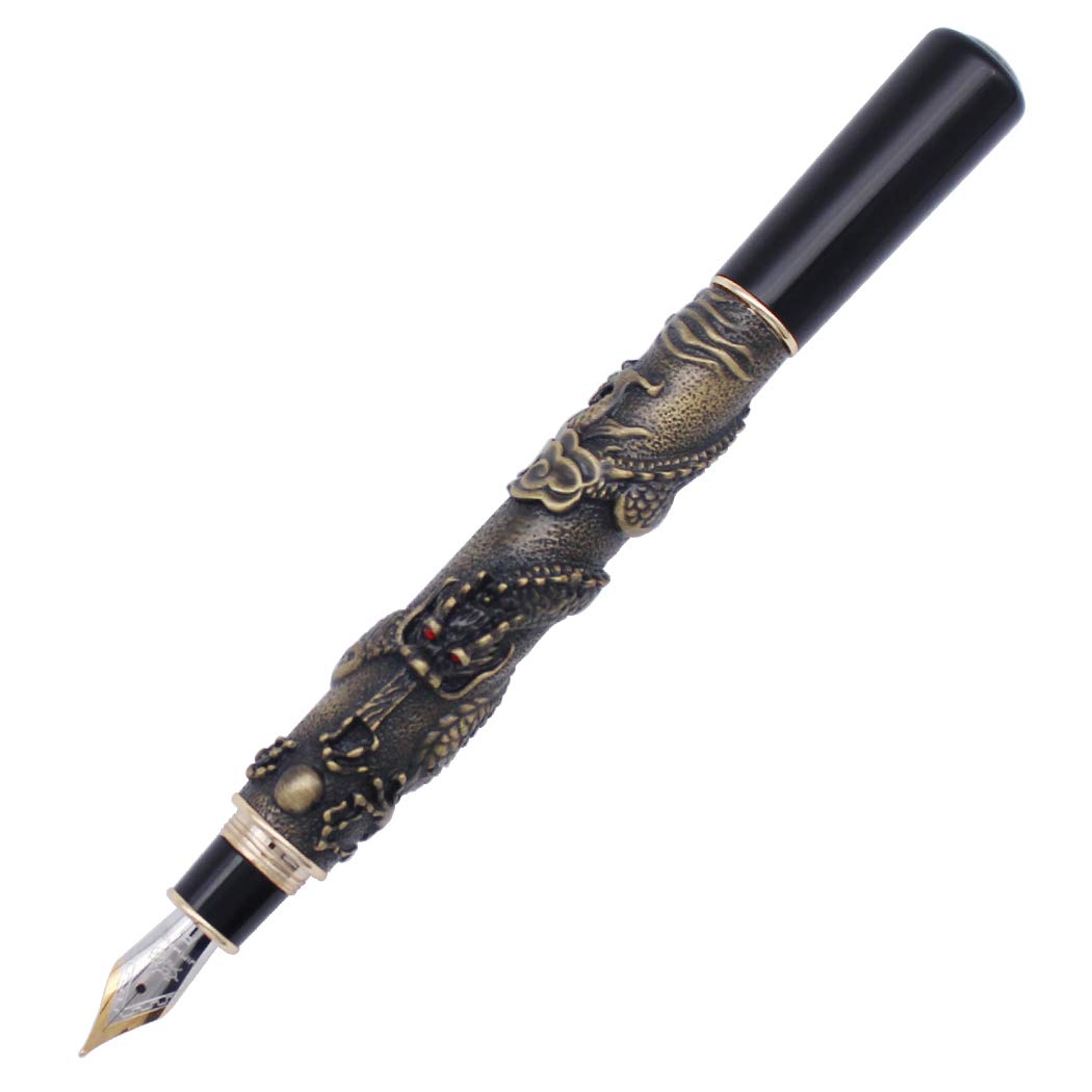 Gullor Luxury Fountain Pen Jinhao Chinese Dragon/Loong Bronze Basso-relievo Medium Nib