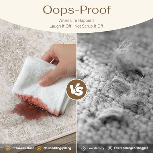 PureCozy Washable Area Rug 8x10 Beige Vintage Living Room Bedroom Carpet Non Slip Soft Low Pile Distressed Medallion Indoor Floor Retro Throw Large Rug for Dining Room Office
