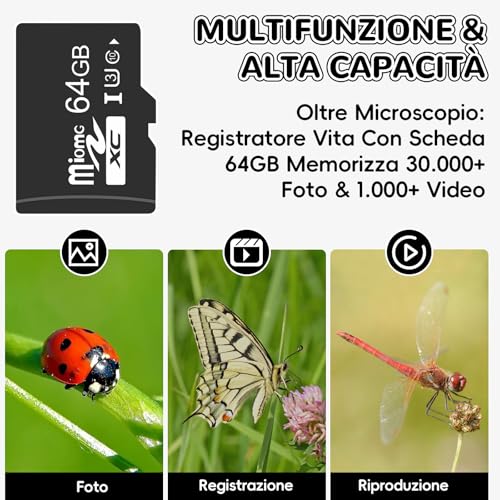 Charmofun Children's Microscope, Digital Microscope with 64GB Memory Card, Portable Microscopios for Children with 4 Inch LCD Screen, 1600X Magnification, Photo and Video, Portable and Fixed Function