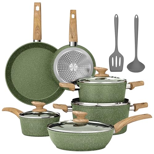 Kitchen Academy 12-Piece Induction Frying Pan and Saucepan Set, Green with Lids, Non-Stick Coating