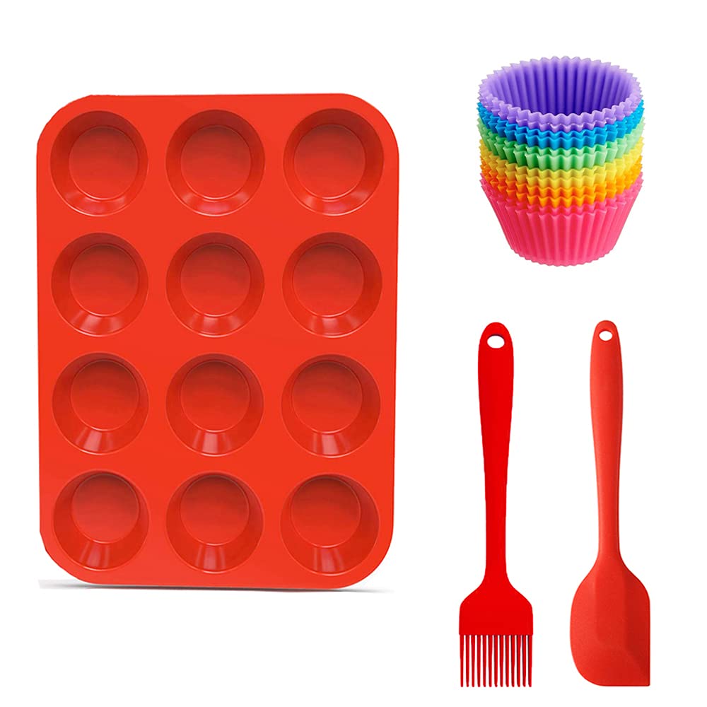 12 Cup Reusable Silicone Muffin Baking Pan & Cupcake Baking Tray Set with 12 Muffin Cups,1 Silicone Spatula and 1 Oil Brush, Silicone Muffin Tray, Non-Stick Cupcake Baking Pan