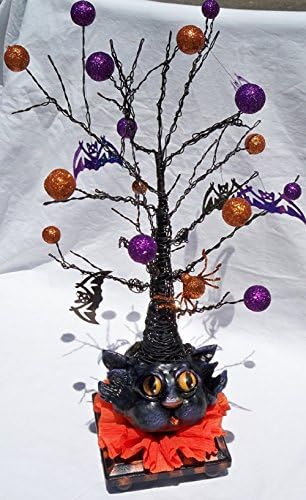 Handmade, Halloween, Cat, Bats, Decorative, Ornament Tree, Center Piece, Hand Painted, Hand Sculpted, Decoration