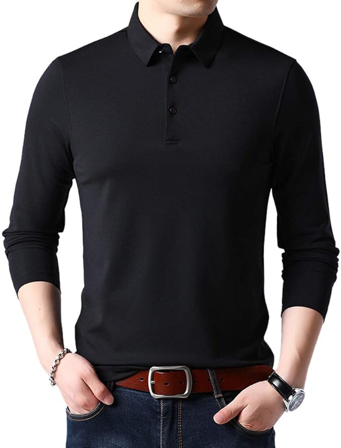 LuckyBov Men Long Sleeve Golf Polo Shirt Business Meeting Cotton Casual