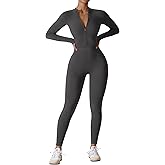 YEOREO Women Long Sleeve Workout Jumpsuit Zip Up Romper Bottom Pants Bodysuit Bodycon Sexy One Piece