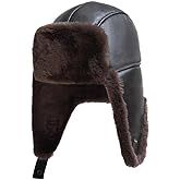 Leather Hats for Men Women Winter Warm Aviator Russianr Hat Shearling Sheepskin Hunting Hat