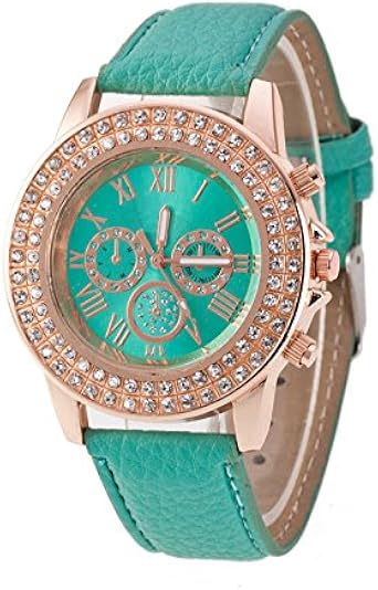 SODIAL Reloj para mujeres, correa de cuero color verde menta