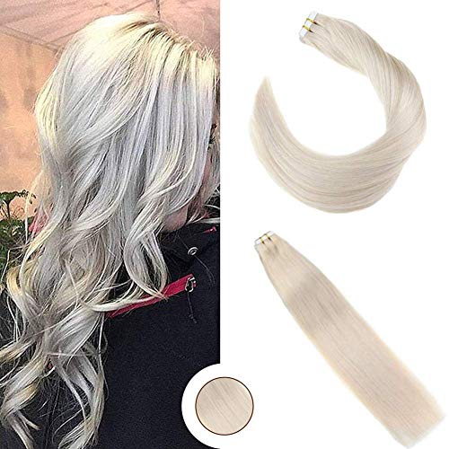 Ugeat 16Inch Tape in Remy Human Hair Extensions Seamless Skin Weft Tape on Real Human Hair Extensions #60 Platinum Blonde Tape on Hair 20Pcs 50Gram