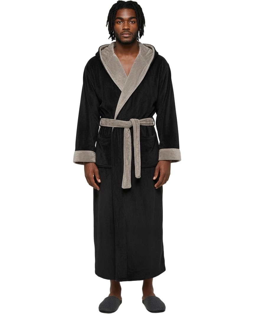 Alexander Del Rossa Mens Robe, Plush Fleece Hooded Bathrobe Men, Big and Tall Robe Black and Tan Medium (A0125BHMMD) Image