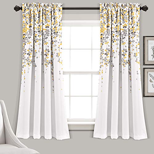 Lush Decor Weeping Flower Light Filtering Window Curtain Panels, Pair, 52 W x 63 L + 2 Header, Yellow & Gray - Charming Modern Floral Curtains for Living Room, Dining Room, & Bedroom
