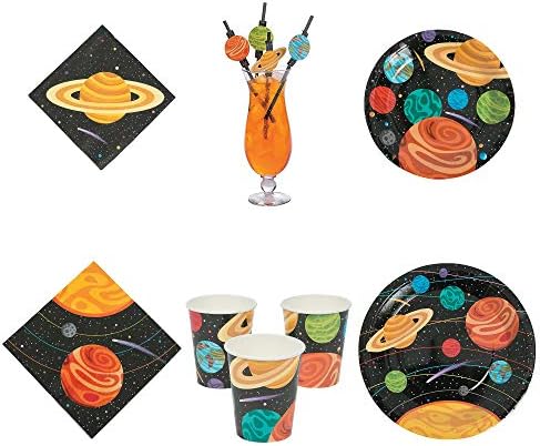 Fun Express Space Party Bundle | Paper Straws, Luncheon & Party Napkins, Dinner & Dessert Plates, Cups | Great for Themed Birthday Party, Science Fair, Graduation Celebration