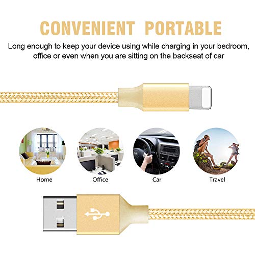 Phone Cable 6Pack 2x3FT 2x6FT 2x10FT to USB Syncing Data and Nylon Braided Cord Charger Charging Cable Compatible Phone XS MAX, XR, X, 8, 7, 7 Plus, 6, 6s, 6 Plus, 5, 5c, 5s, SE -GoldPink - Thumbnail 4