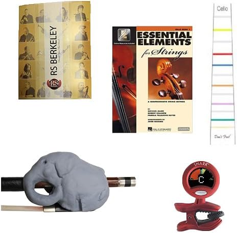 Cello Players Instructional Pack (For 3/4 Size Cello)- Essential Beginners Pack for the Cello Includes: Grey Cellophant Bow Hold Cello Teaching Aid, Don't Fret Position Indicator for 3/4 Size Cello, Band Folder, Essential Elements 2000 Book 1 for Cello, &amp; Tuner &amp; Metronome