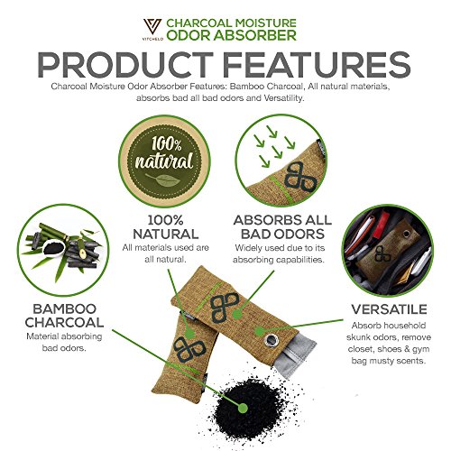 Natural Closet Air Freshener Purifier, Shoe Deodorizer & Car Activated Bamboo Charcoal Moisture Odor Absorber Bags by VITCHELO to Get Rid of Mold Smells â€” Refrigerator Odor Eliminator (2x75g, Grey)