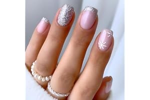 JNRNALI 24Pcs Christmas Press on Nails Short Square Fake Nails with Sliver Glitter Snowflake Design Glossy False Nails Cute Christmas Nails Acrylic Nails Full Cover Glue on Nails Christmas Nails for Women