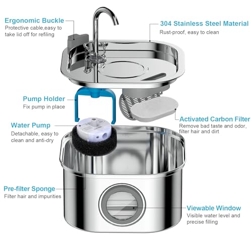Cat Water Fountain, VinDox 3.2L/108oz Automatic Stainless Steel Pet Fountain Water Levels Window can be Checked Dog Water Dispenser, Ultra-Quiet Pump for Multiple Pets (8 Filters & 8 Sponges)