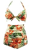 Cocoship Retro Peach Hibiscus & Beige Floral Halter High Waisted Bikini Bathing Suit Swimsuit XXL(FBA)