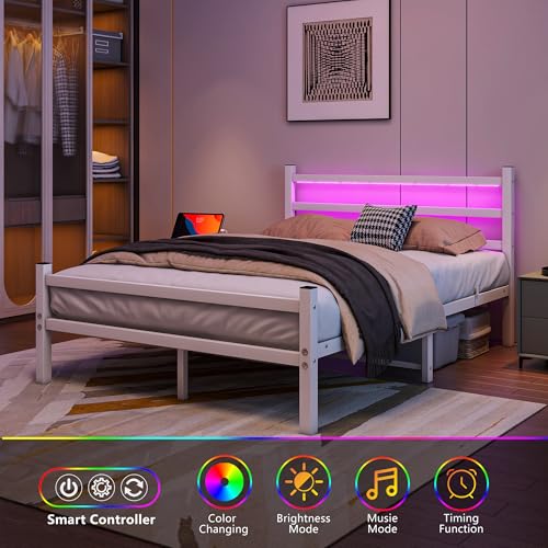 Maliacife Full Bed Frame with Headboard and Footboard,Metal Platform Double Bed Frame with Charging Station and LED, Steel Slats Mattress Foundation, No Box Spring Needed,Noise Free,White