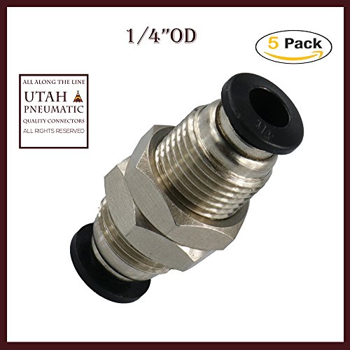 Utah Pneumatic Push To Connect Tube Fitting, Bulkhead Union â€“ 1/4" Tube OD X 1/4" Tube OD (5 Pack)