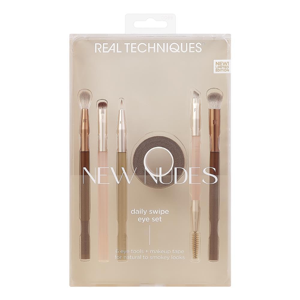 REAL TECHNIQUES New Nudes Daily Swipe Eye Kit, 7 Piece Set, Synthetic Bristles, Cruelty-Free & Vegan, Includes 6 Eyeshadow & Eyebrow Brushes, Makeup Tape, For Natural Or Smokey Makeup Look