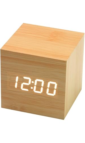 BOYON Fun Design Clock Cube-Shaped Digital Alarm Clock Office Desk Alarm Clock Sound-Sensitive Creative Table Wooden Clock with LCD Display for Kid, Home, Daily Life, Heavy Sleepers(Beige)