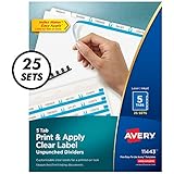 Avery 5-Tab Unpunched Binder Dividers, Easy Print & Apply Clear Label Strip, Index Maker, White Tabs, 25 Sets (11433)