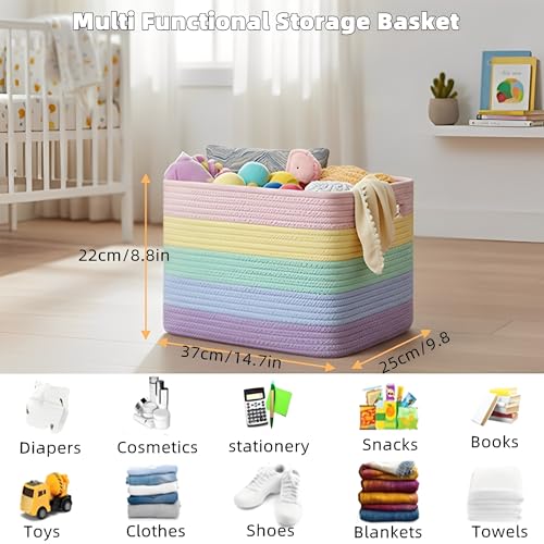 Beauenty Woven Storage Baskets,3 Pack Collapsible Rainbow Woven Storage Bins for Shelves,Soft Boho Organizer Baskets for Kids Room,Nursery,Playroom,Classroom