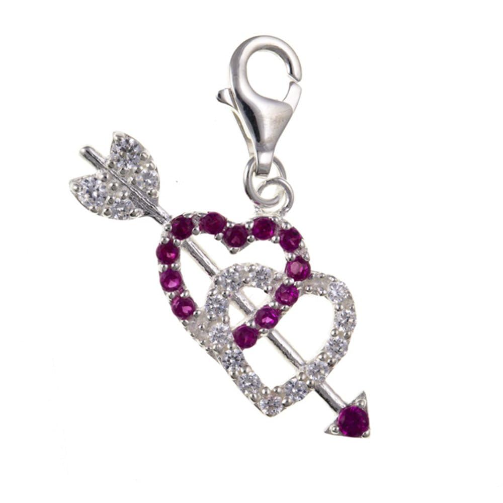 Pink & White Crystal Twin Hearts & Arrow Sterling Silver Clip On Charm Pendant with Lobster Clasp for Women - Compatible with Thomas Sabo Charms Bracelet - Women's Clasp Charms