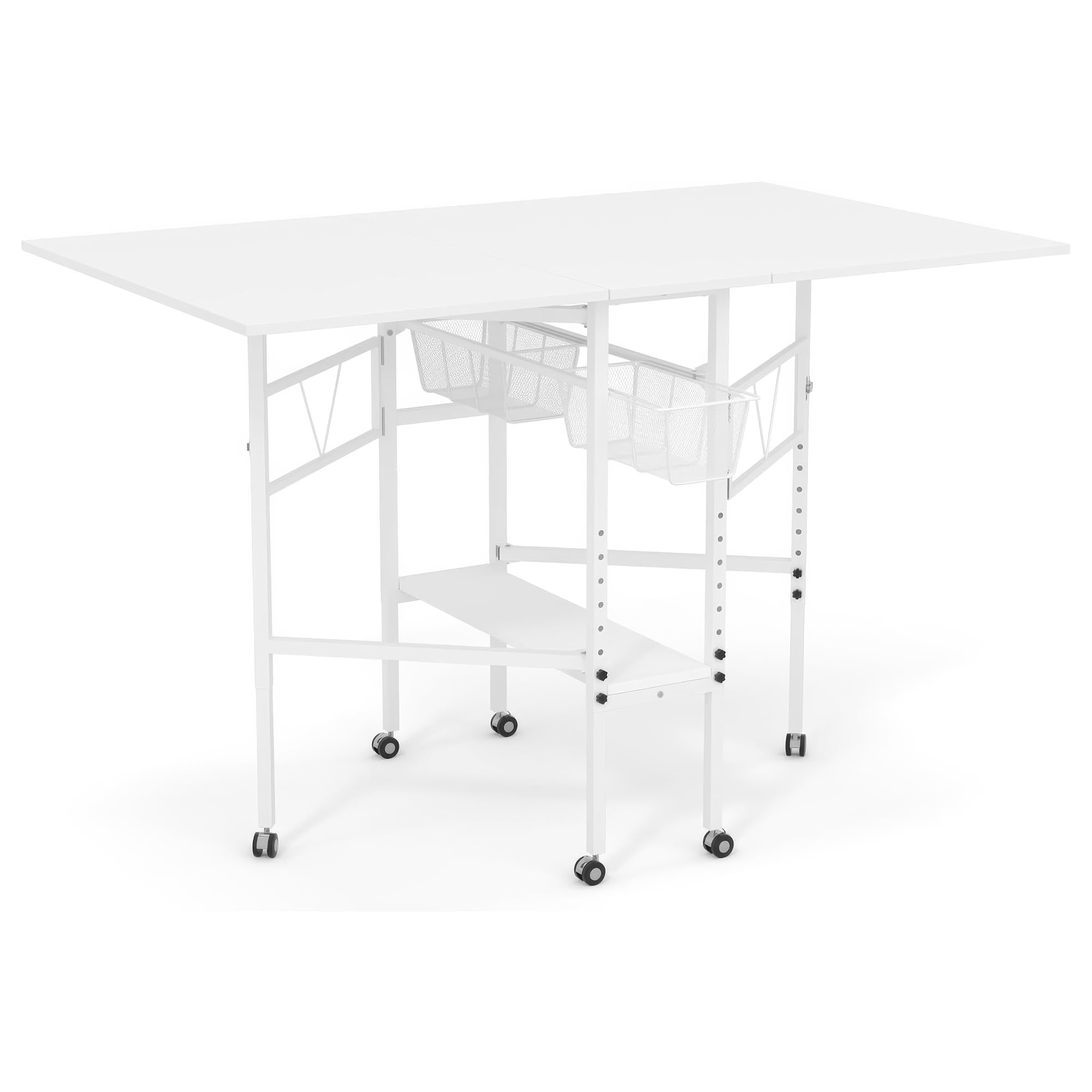Sew Ready Folding Sewing Craft Table with Storage, Adjustable Height Cutting Desk with Drawers and Wheels for Quilting, Fabric, and Hobby Room, White Image