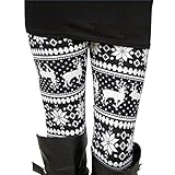 Ensasa Womens Autumn Winter Snowflake Graphic Printed Stretchy Leggings Pants, Black White Reindeer Large