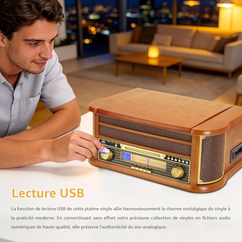 9 in 1 Turntable with Bluetooth, AM/FM Radio, CD and Cassette Player, USB Playback, Remote Control, Built-in Speakers, Vintage Turntable