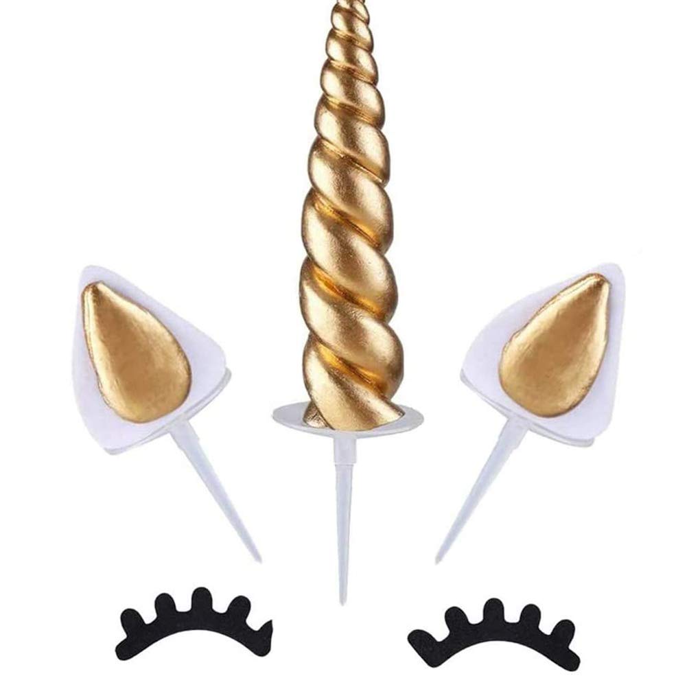 BETOY Cake Topper Unicorn Cake Topper, Handmade Gold Unicorn Cake Decoration Set with Horn, Ears and Eyelashes for Birthday Party, Baby Shower and Wedding