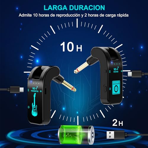 RYEWGRV Sistema Inalámbrico para Guitarra, 8 Canales Receptor Transmisor de Guitarra Portátil, 2.4 GHz Amplificador de Audífonos para Guitarra Eléctrica, Recargable, para Guitarra Eléctrica, Bajo
