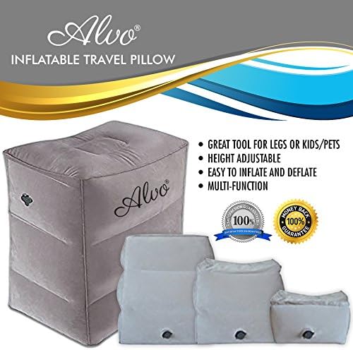 Inflatable Foot Rest Travel Pillow By ALVO Comfy Adjustable InflatingBed For Kids Pets, Air Leak Prevention,Easy To Inflate Design, Perfect For Airplane Travel ,Office,Camping Bonus Travel Pouch(Grey)