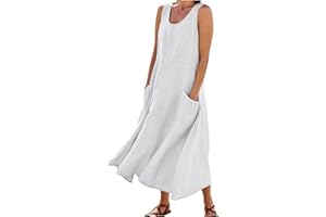 NDVYXX Women's Summer Cotton Linen Dress 2024 Sleeveless Loose Casual Dress Plus Size Beach Sundress Boho Maxi Dresses