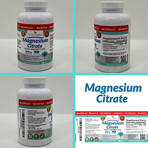 Magnesium Citrate 400mg 200 Capsules High Potency for Sleep, Leg