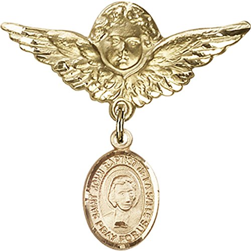 Gold Filled Baby Badge with St. John Baptist de la Salle Charm and Angel w/Wings Badge Pin 1 1/8 X 1 1/8 inches