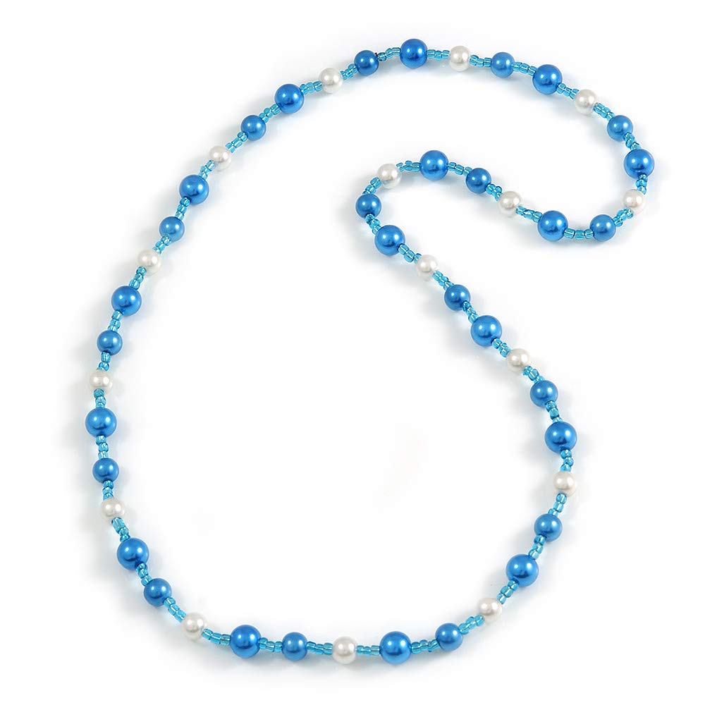 Avalaya Long Blue/White/Transparent Glass Bead Necklace/ 86cm Long
