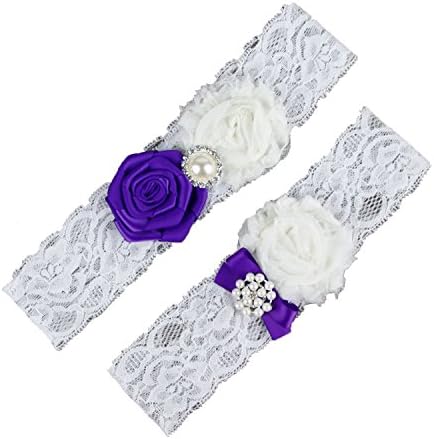 Women's White Lace Bridal Wedding Garter Belt Set Chiffon Flowers Rhinestone Purple Ivory