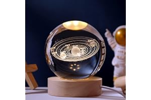 Coyoohouse Glowing Crystal Ball 3D Inner Carved Small Crystal Ball Light with Wood Base, Decorative Creative Gift Luminous Crystal Ball for Christmas Classmates and Kids Birthday (Solar System)