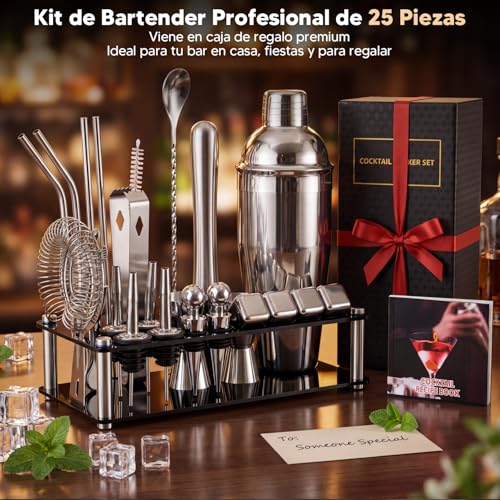 Garselay 25 Pcs Cocktail Bartender Kit,Shaker Cocktail de Acero Inoxidable de 750ml,Coctelera Kit con Soporte de Acrílico y Folleto de Recetas de Cóctel,Herramientas Profesionales de Kit de Bartender