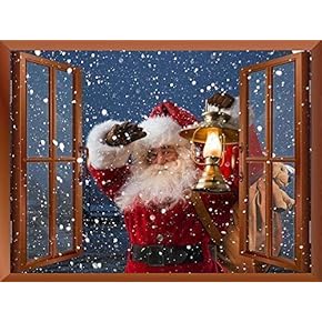 Removable Wall Sticker/Wall Mural, Santa Claus Carrying Gifts Outside of Window on Christmas Eve