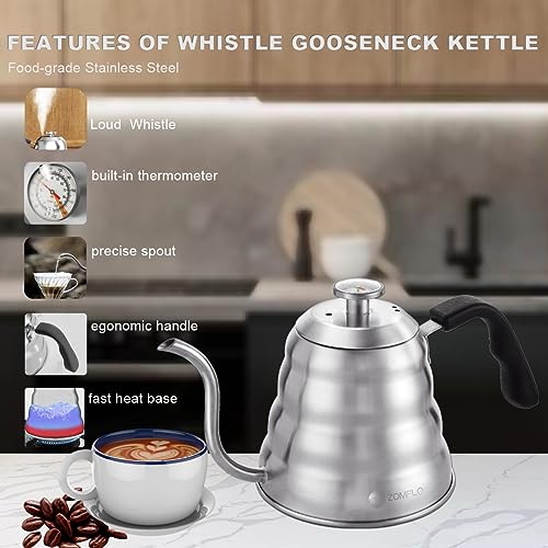 ZOMFLO Gooseneck Kettle Whistle With Thermometer For Coffee and Tea