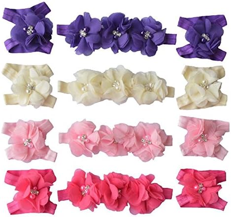Qandsweet Baby Girl's Headbands and Crystal Barefoot Flowers Value Sets (4 Pack)