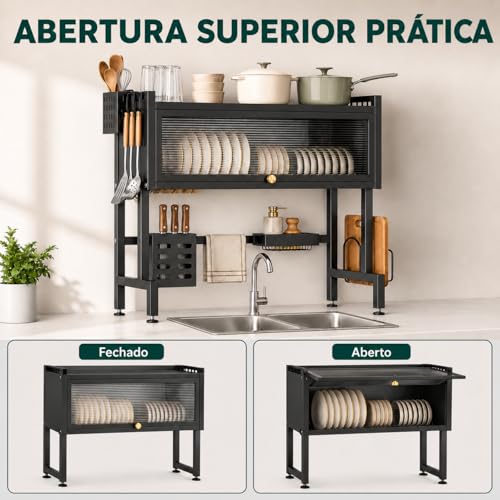 Laruno Escorredor de Louça Suspenso 75cm Preto Organizador de Pia Cozinha com Porta Pratos, Copos, Talheres, Utensílios e Escova de Limpeza