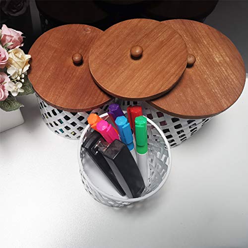 HuiDao Metal Storage Cans with Wood Lids, Hollowed Out Design Round Canister, Decorative Storage Jars Containers for Home Living Room Bedroom Office Desks Shelves, White, Set of 3 - Thumbnail 4